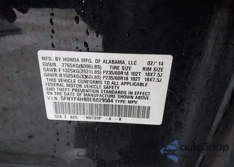 2014 Honda Pilot Touring from USA, damaged, VIN 5FNYF4H90EB029504